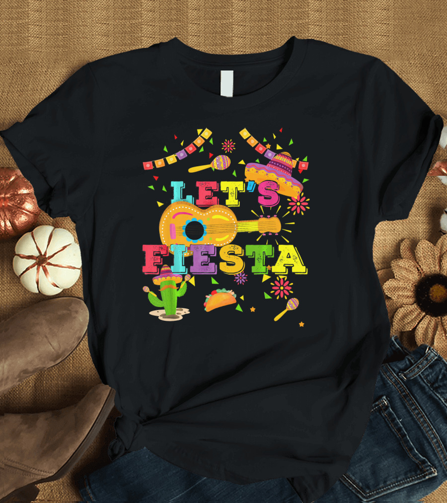 Let's Fiesta Cinco De Mayo Mexican Celebration Guitar Sombrero Maracas Taco Cactus Decorations T-Shirt