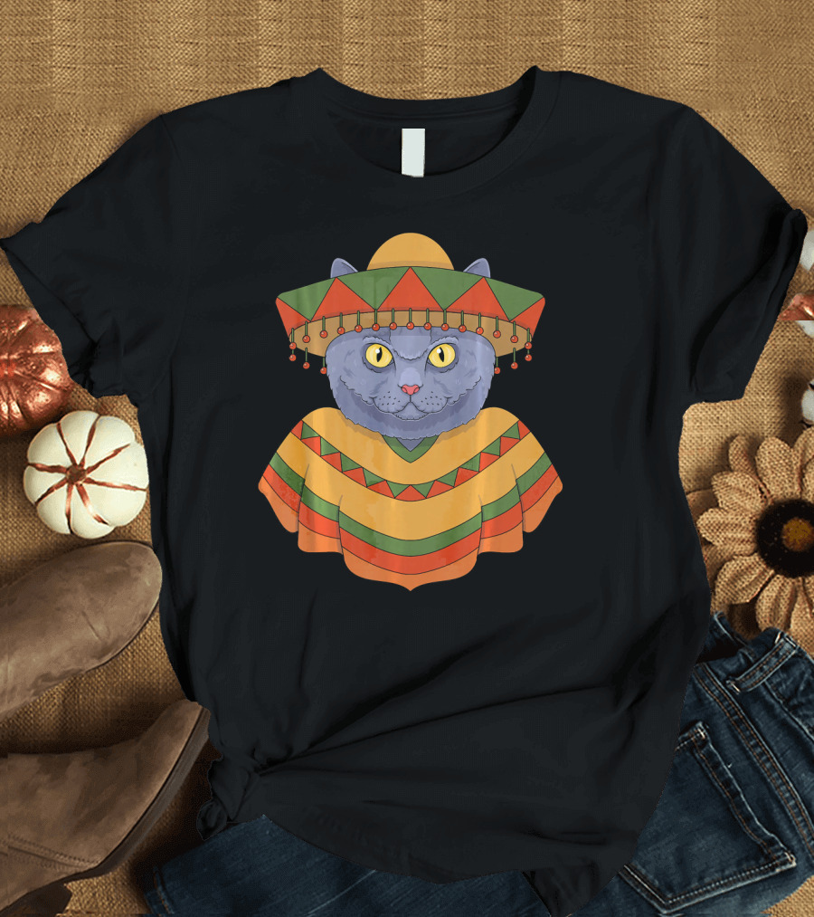 Cinco De Mayo British Shorthair Cat Sombrero Poncho Fiesta T-Shirt