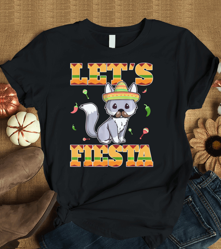 Let's Fiesta Kitty Cat Cinco De Mayo Mexi Sombrero Peppers Maracas T-Shirt