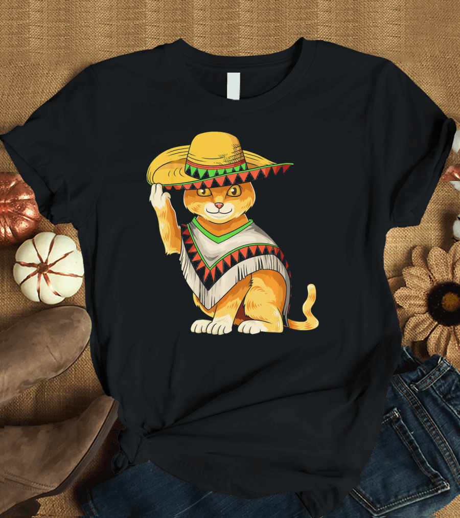 Mexican Cat Cinco De Mayo Cat Poncho Sombrero Fiesta T-Shirt