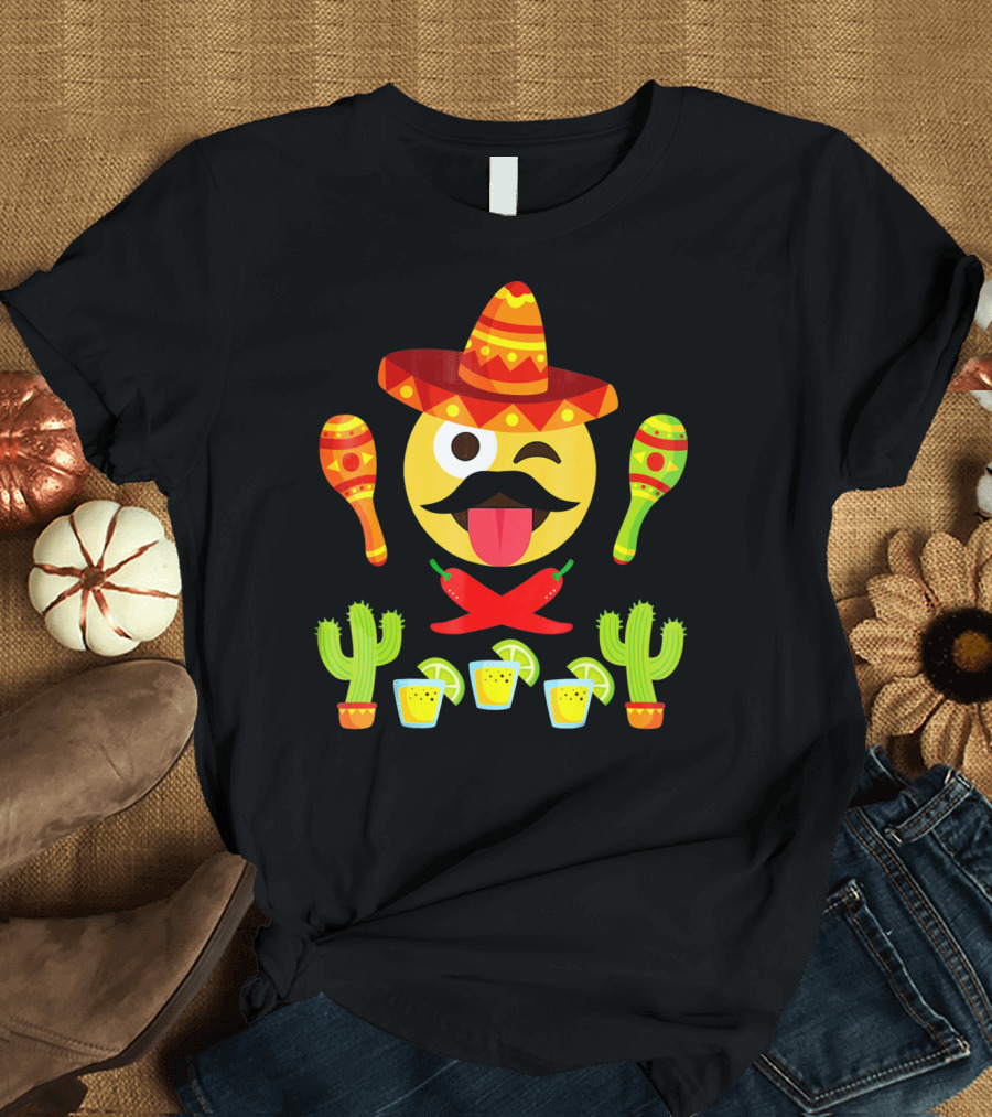 Cinco De Mayo Winking Emoji Sombrero Maracas Cactus Tequila Peppers T-Shirt