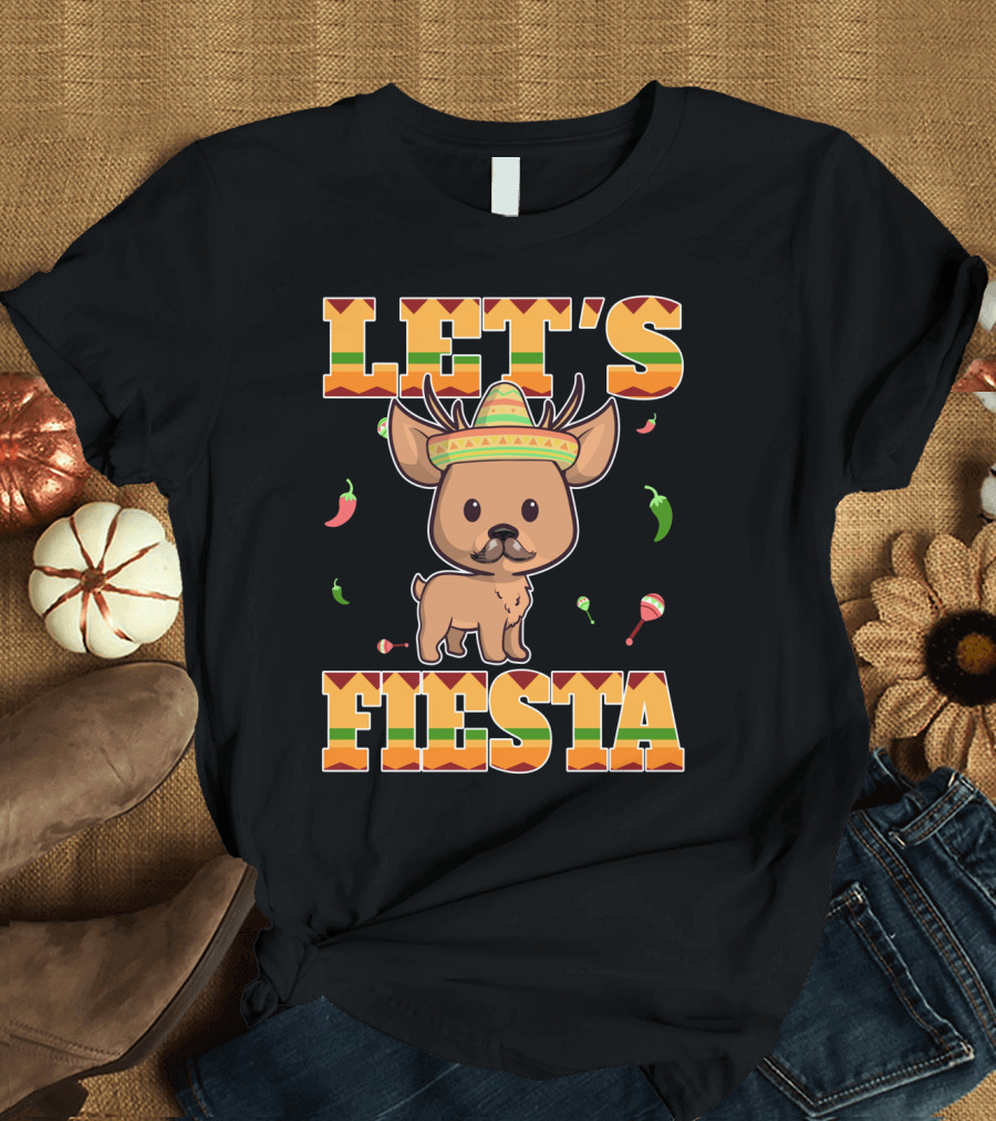 Let's Fiesta Deer Cinco De Mayo Mexican Sombrero Peppers Maracas T-Shirt