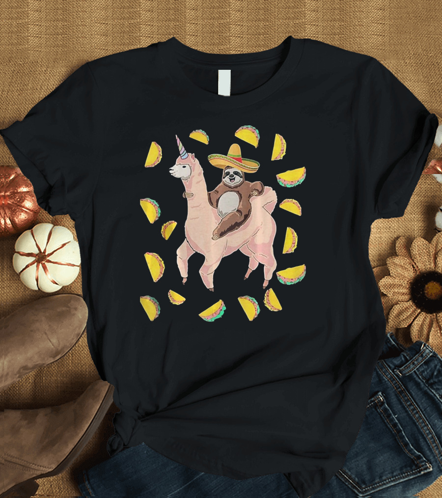 Cinco De Mayo Llamacorn with Sombrero-Wearing Sloth Surrounded by Tacos T-Shirt