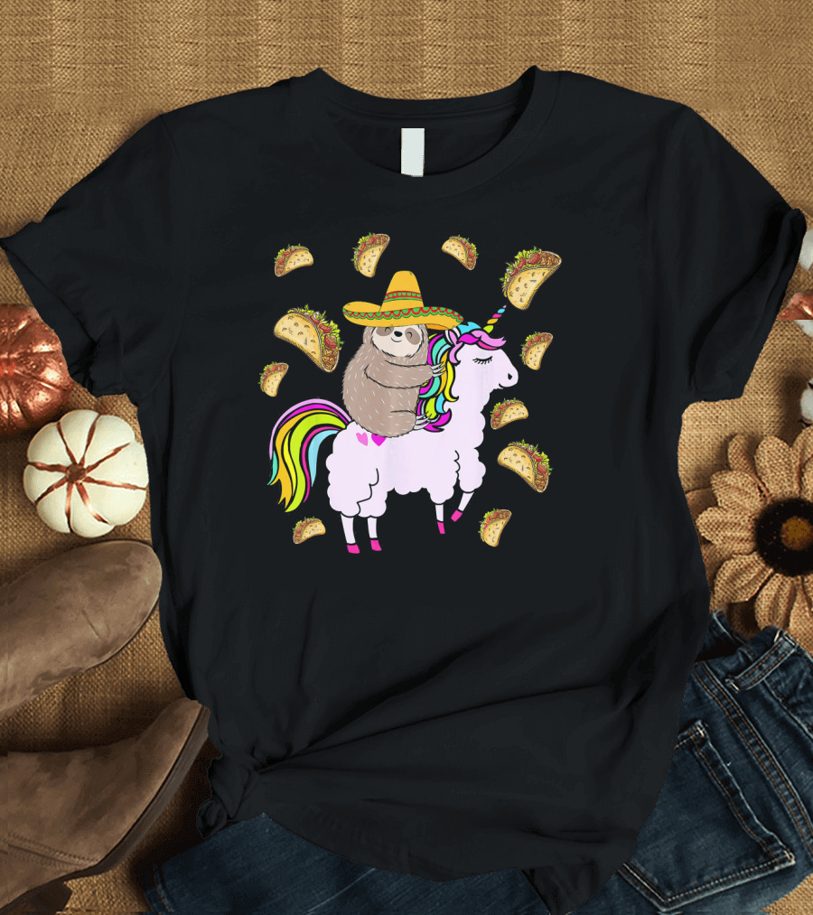 Sloth Riding Llamacorn Unicorn Cinco De Mayo Taco Fiesta T-Shirt