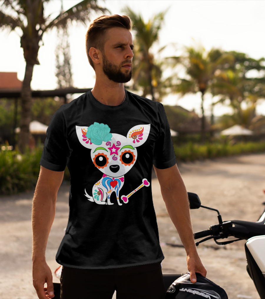 Cinco De Mayo Sugar Skull Chihuahua With Floral Bone And Colorful Flower T-Shirt