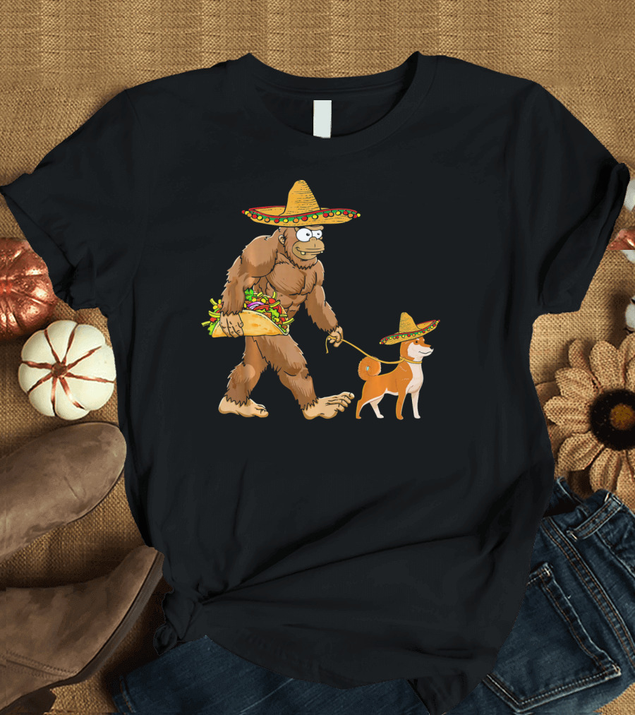 Bigfoot Taco Sombrero Shiba Inu Dog Cinc Walking Cartoon T-Shirt
