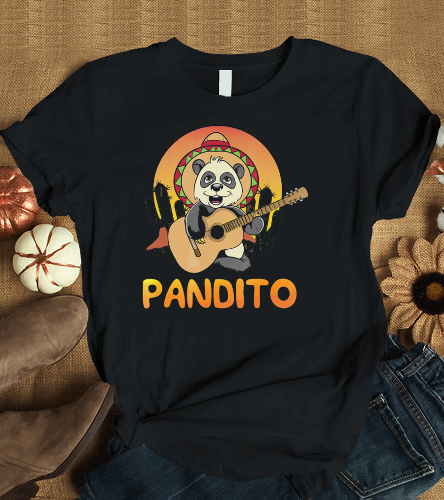 Pandito Funny Mexican Panda with Sombrero and Guitar Fiesta T-Shirt