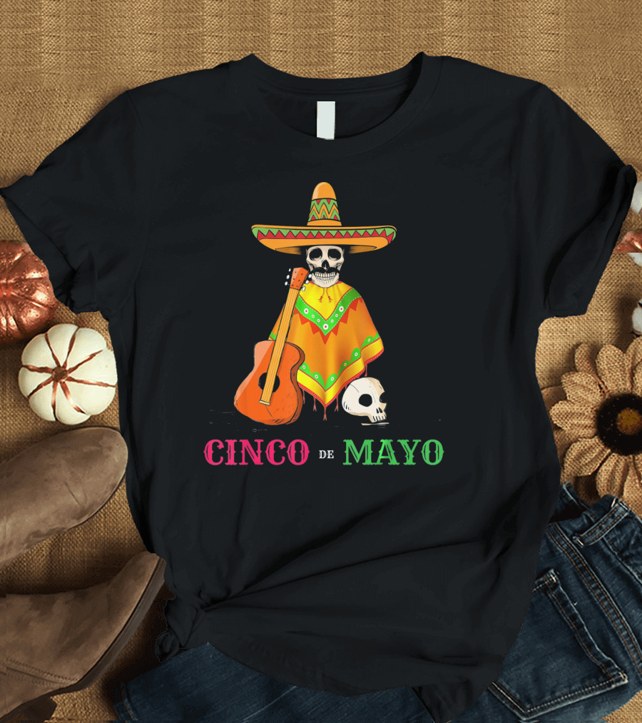 Cinco De Mayo Sombrero Skull Poncho Guitar T-Shirt