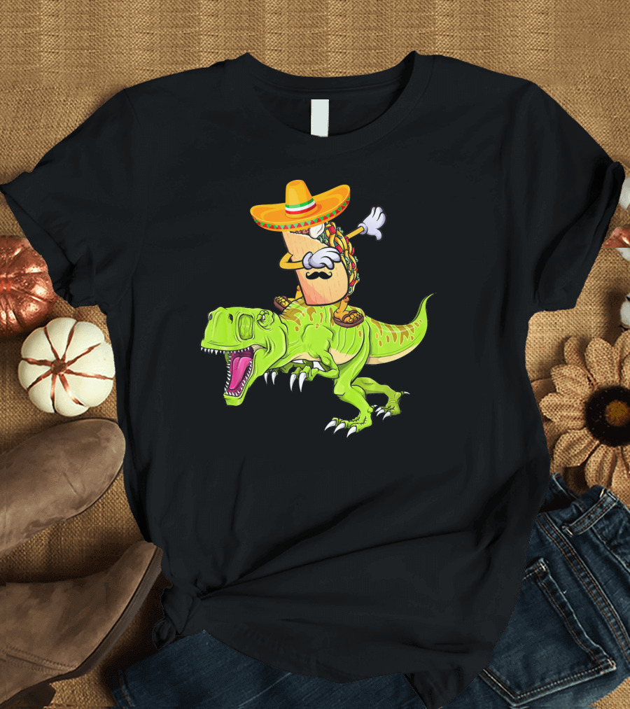 Dabbing Taco Sombrero on T-Rex Dinosaur T-Shirt