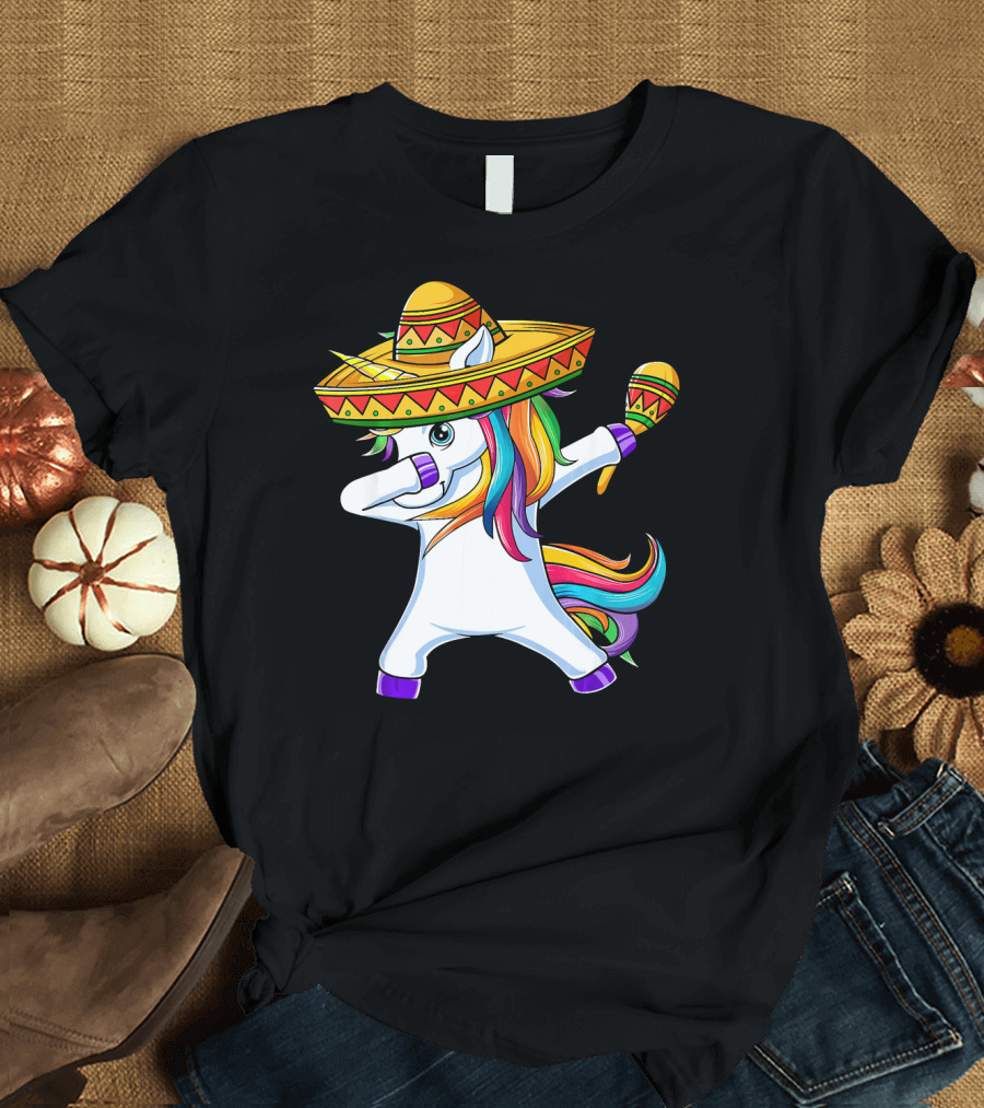 Dabbing Unicorn Cinco de Mayo Girls Sombrero and Maracas T-Shirt