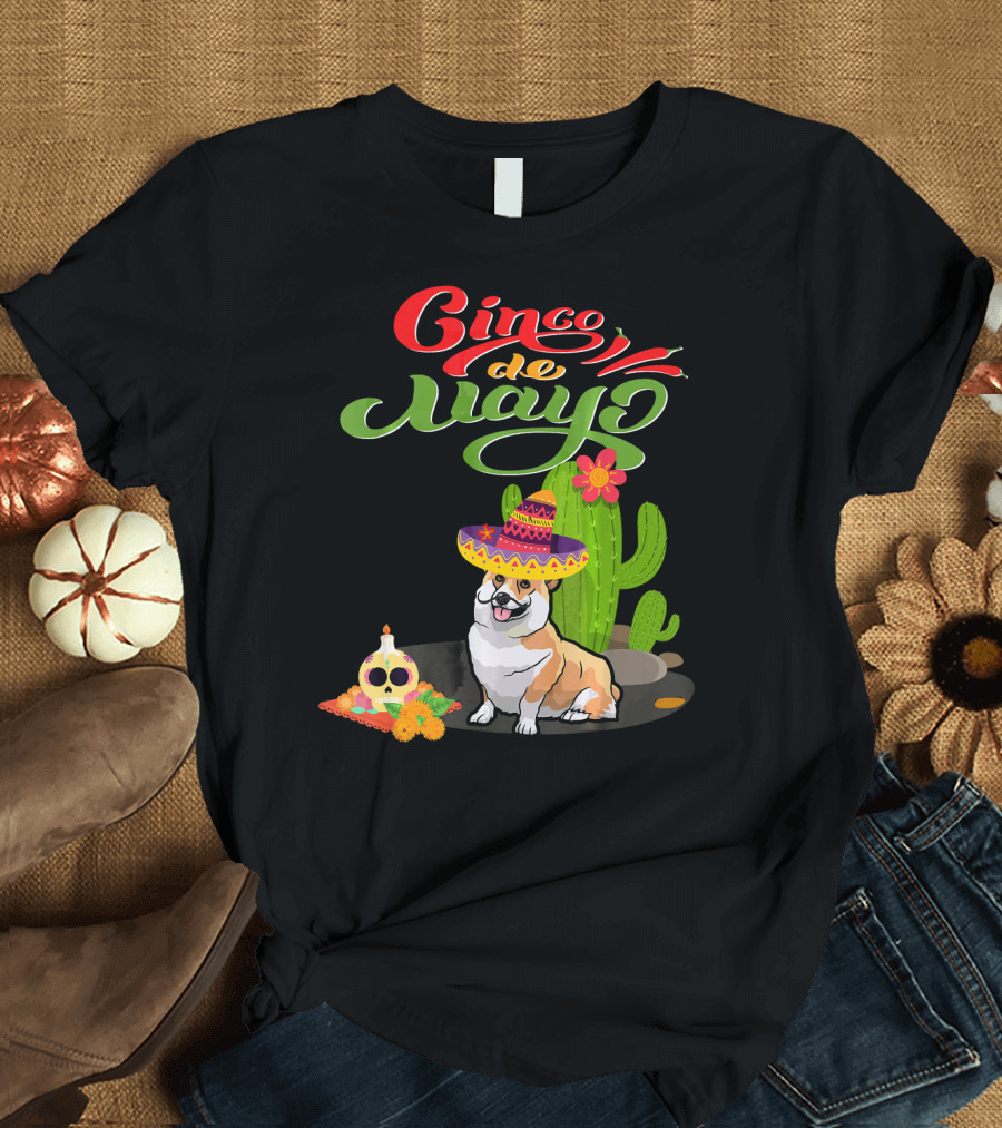 Cinco de Mayo Corgi Dog Fiesta with Sombrero and Cactus T-Shirt