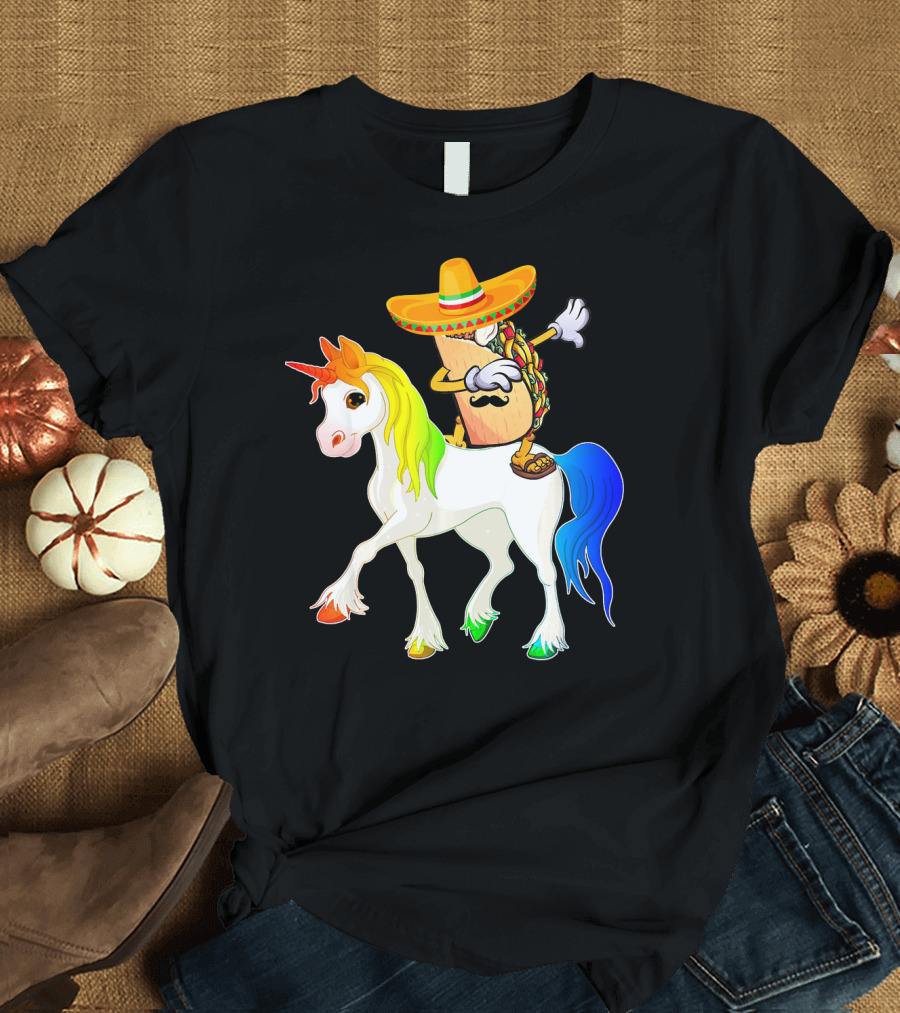 Dabbing Taco Sombrero with Mustache Riding Colorful Unicorn Fun T-Shirt