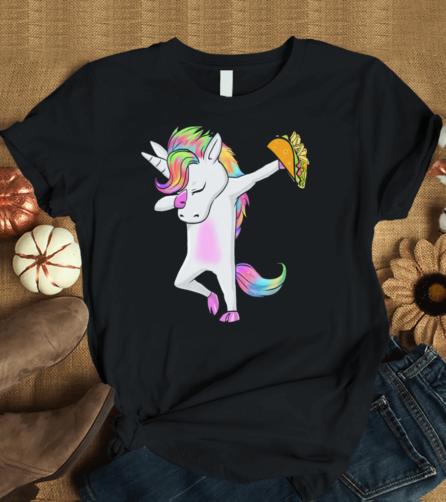Unicorn Dabbing with Rainbow Mane Holding Tacos T-Shirt