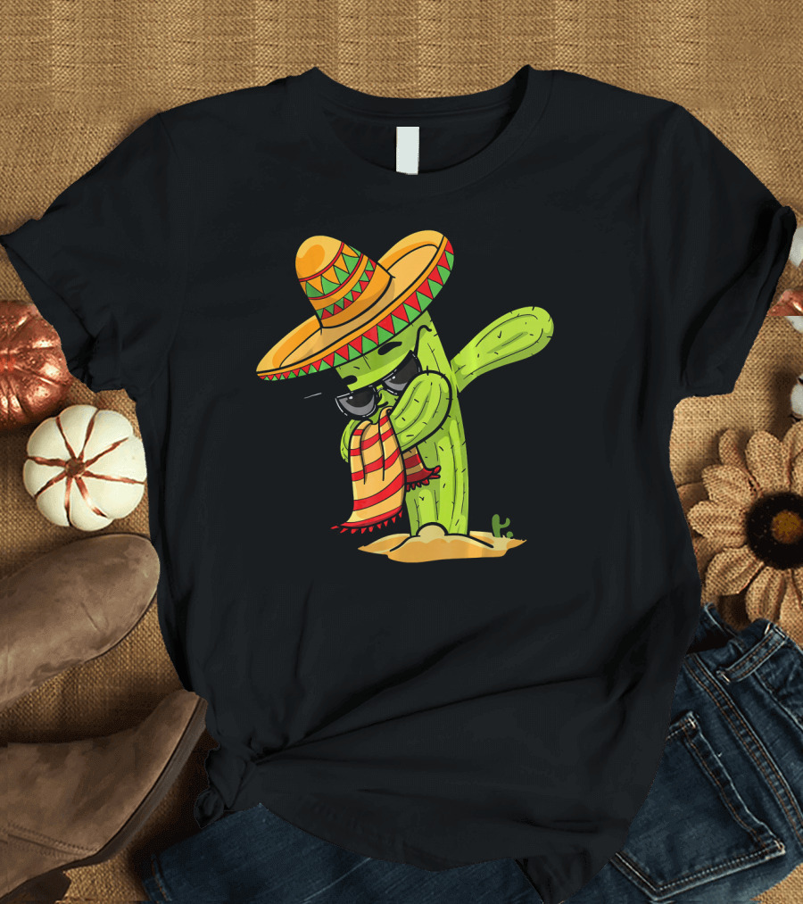 Dabbing Cactus Wearing Sombrero and Sunglasses T-Shirt