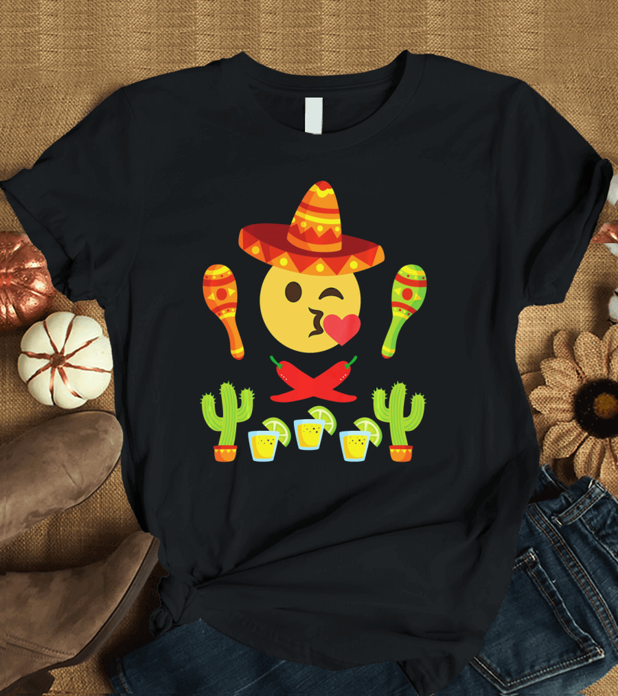 Kiss Emoji Cinco De Mayo Sombrero Maracas Cactus Peppers Margaritas T-Shirt