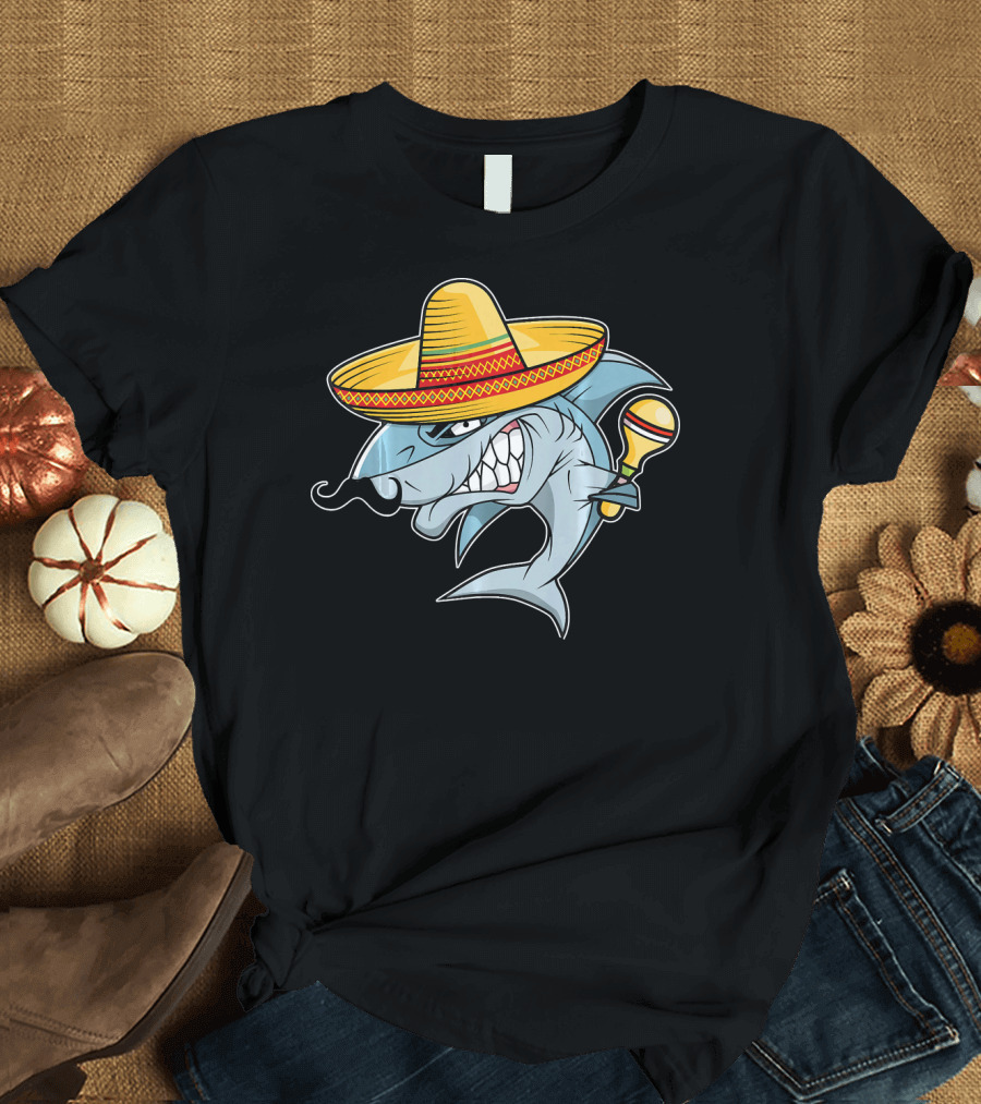Cinco De Mayo Shark Wearing Sombrero with Maraca Mexican Fiesta T-Shirt