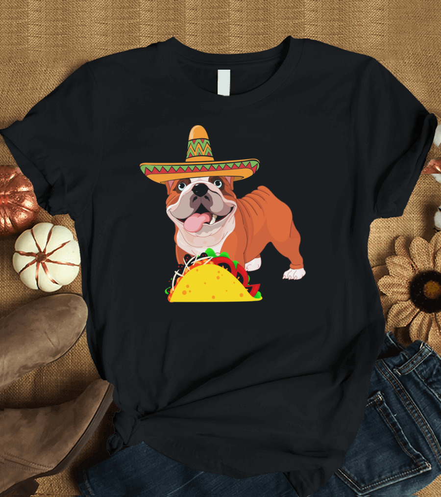 Funny Cinco De Mayo Bulldog Wear Sombrero Taco Fiesta T-Shirt