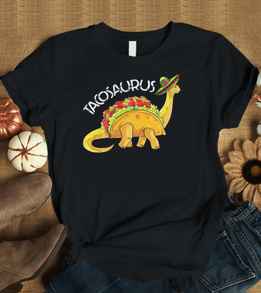 Tacosaurus Dinosaur with Taco Shell Body and Sombrero Celebrating Cinco de Mayo T-Shirt