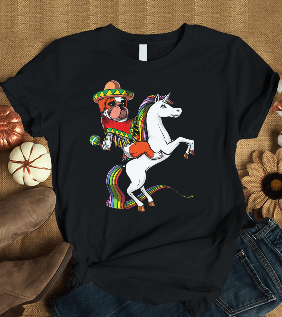 English Bulldog Riding Unicorn Cinco de Mayo Fiesta Hat and Maracas T-Shirt