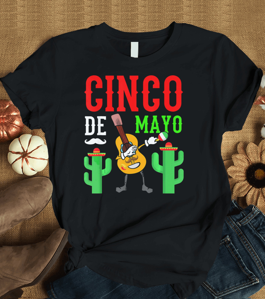 Cinco De Mayo Dabbing Guitar with Cactus and Mustache T-Shirt