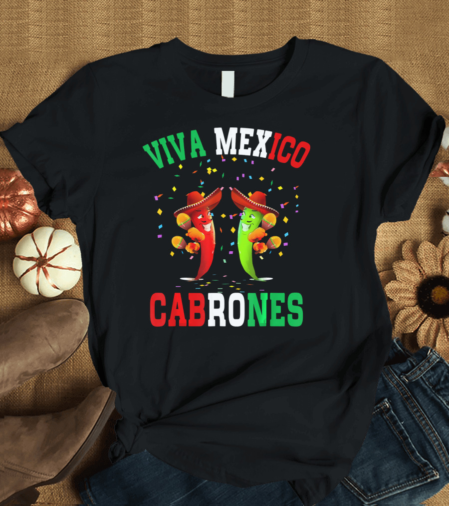 Viva Mexico Cabrones Red Green Chili Peppers Sombreros Confetti T-Shirt