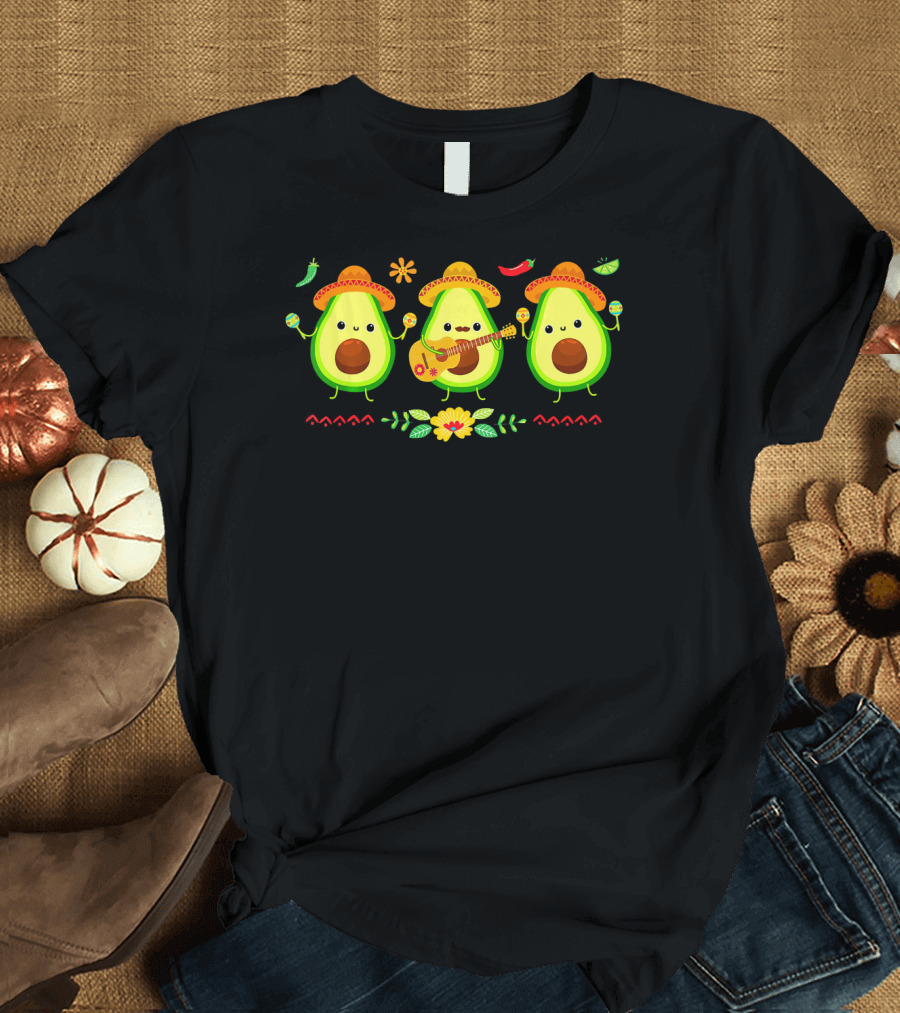 Cinco De Mayo Avocado Trio with Sombreros and Maracas T-Shirt
