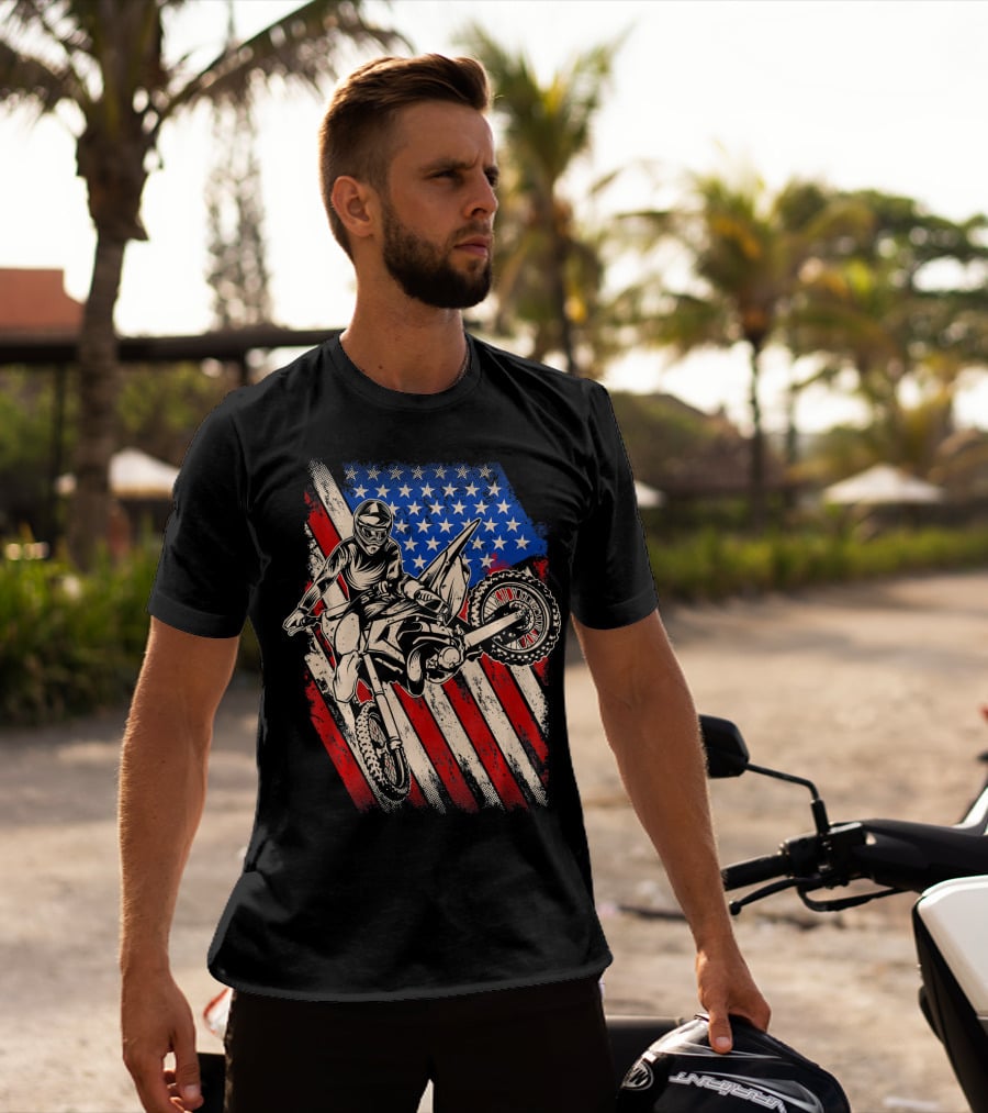 Vintage Dirt Bike Motocross With American Flag Background T-Shirt