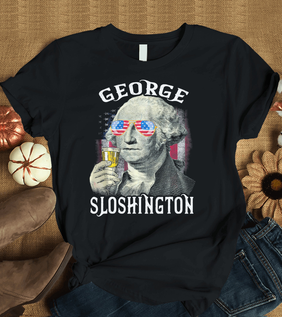 George Sloshington American Flag Sunglasses Beer T-Shirt