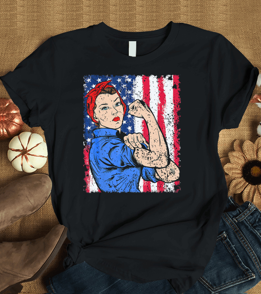 Rosie The Riveter Feminist Patriotic USA American Flag Iconic Empowerment T-Shirt