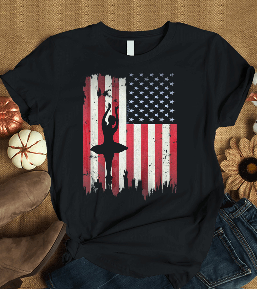 Ballerina Silhouette with American Flag Ballet USA T-Shirt