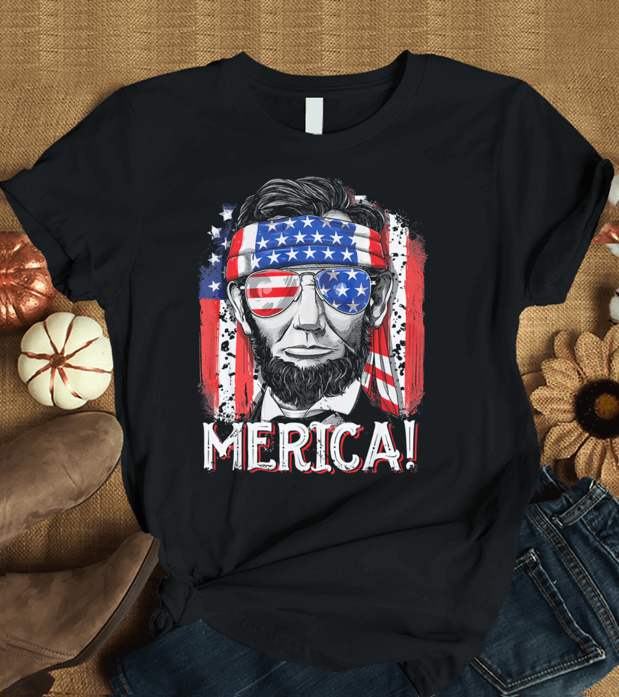 Lincoln Merica 4th of July American Flag Bandana and Sunglasses T-Shirt