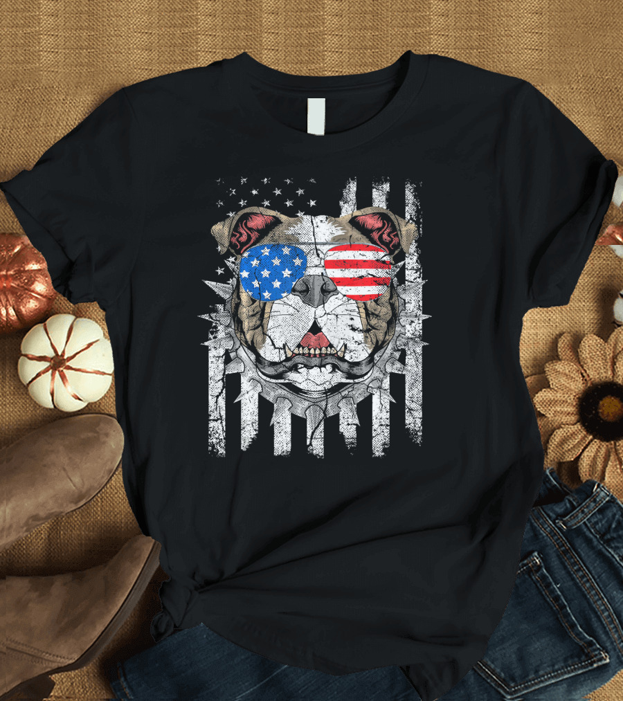 Bulldog with American Flag Sunglasses 4th of July USA T-Shirt