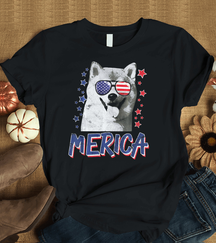 Merica Shiba Inu Dog Patriotic USA Stars and Stripes Sunglasses T-Shirt