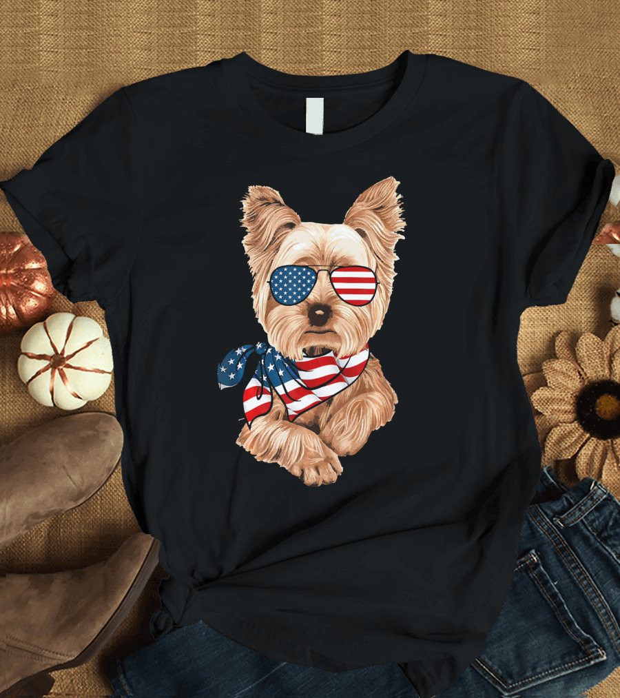 American Flag Yorkie with Patriotic Sunglasses and Bandana for 4th of July T-Shirt