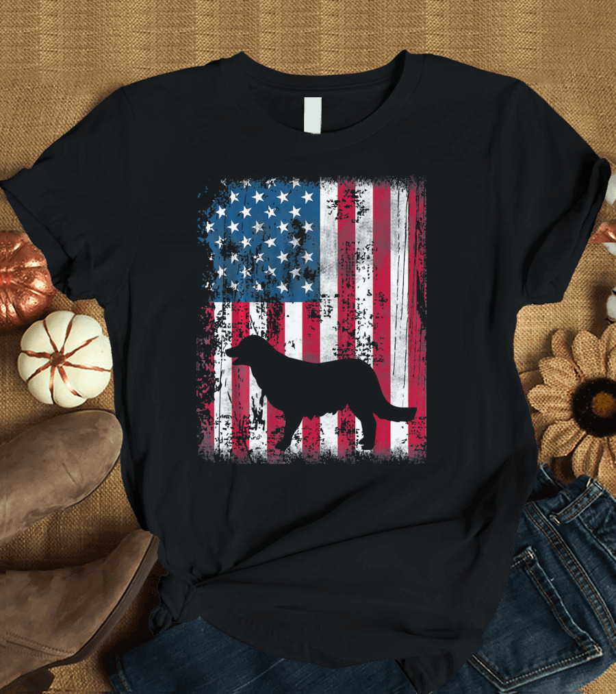 Golden Retriever Silhouette Over American Flag USA T-Shirt