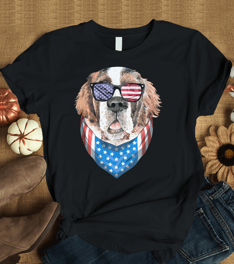 Fourth of July American Flag Dog Sunglasses Bandana T-Shirt
