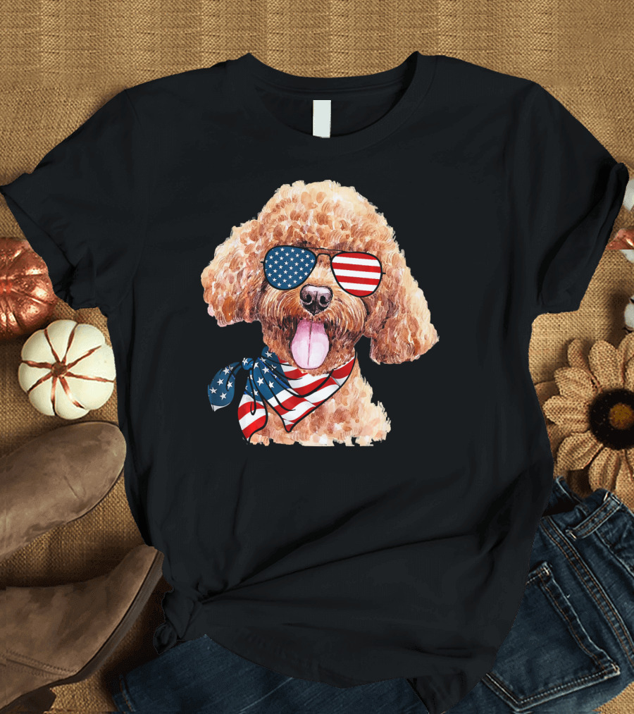 American Flag Poodle Patriotic 4th Of July USA Sunglasses and Bandana T-Shirt