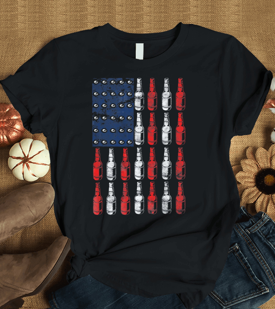 Patriotic American Flag Made of Beer Bottles in Red White Blue T-Shirt