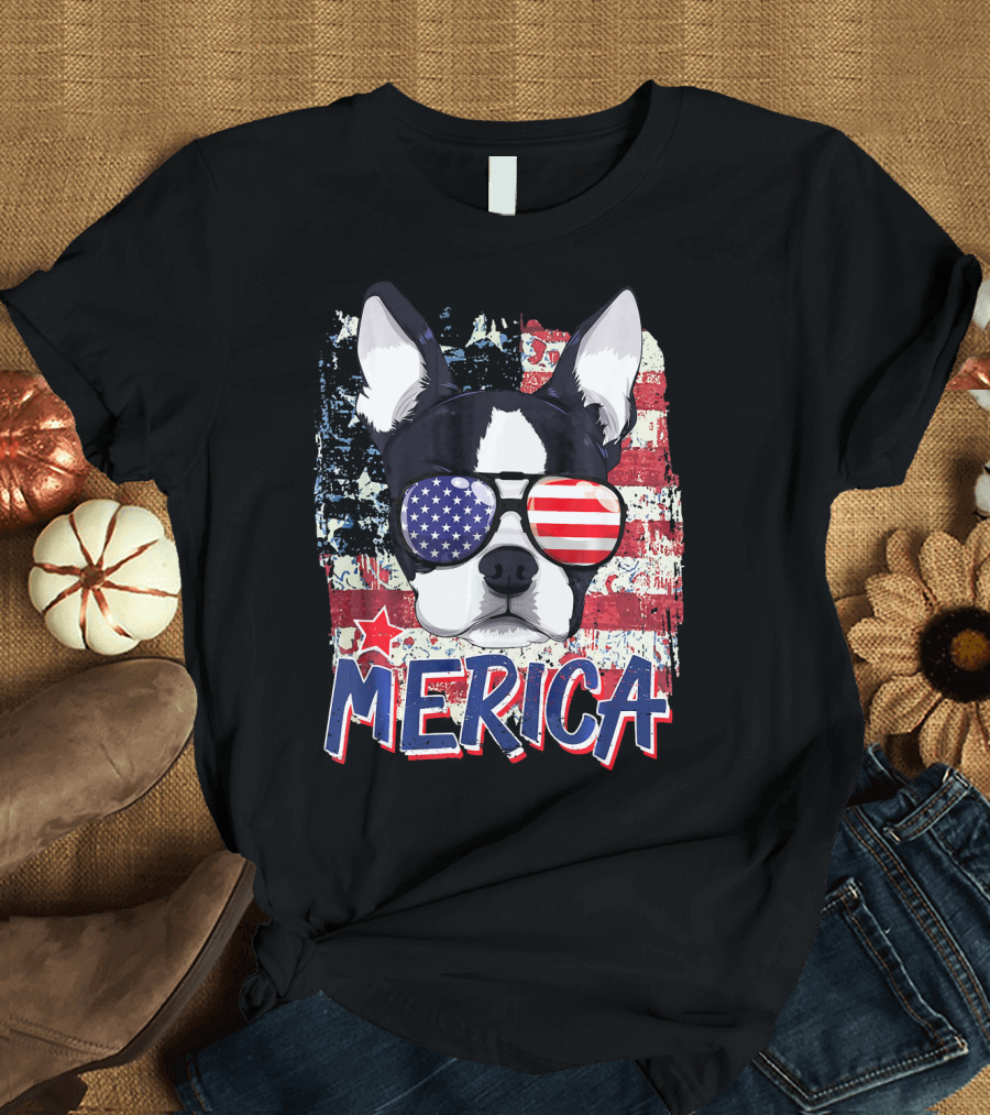 Merica Boston Terrier American Flag Sunglasses T-Shirt