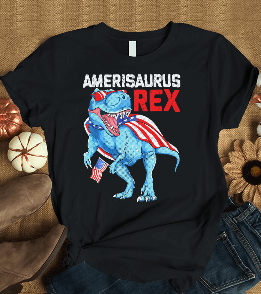 AMERISAURUS REX Dinosaur 4th of July Patriotic Flag T-Shirt