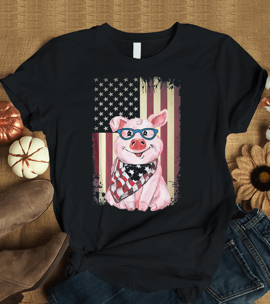 American Flag Pig with Glasses and Bandana T-Shirt