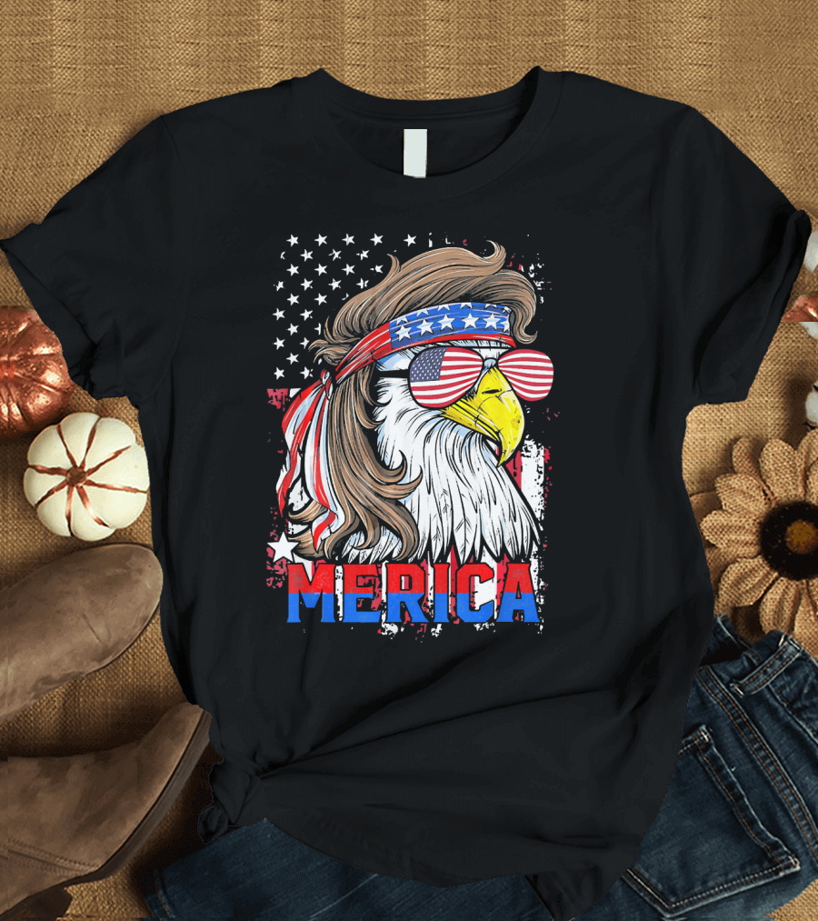 MERICA 4th of July Bald Eagle with Mullet and American Flag Glasses T-Shirt