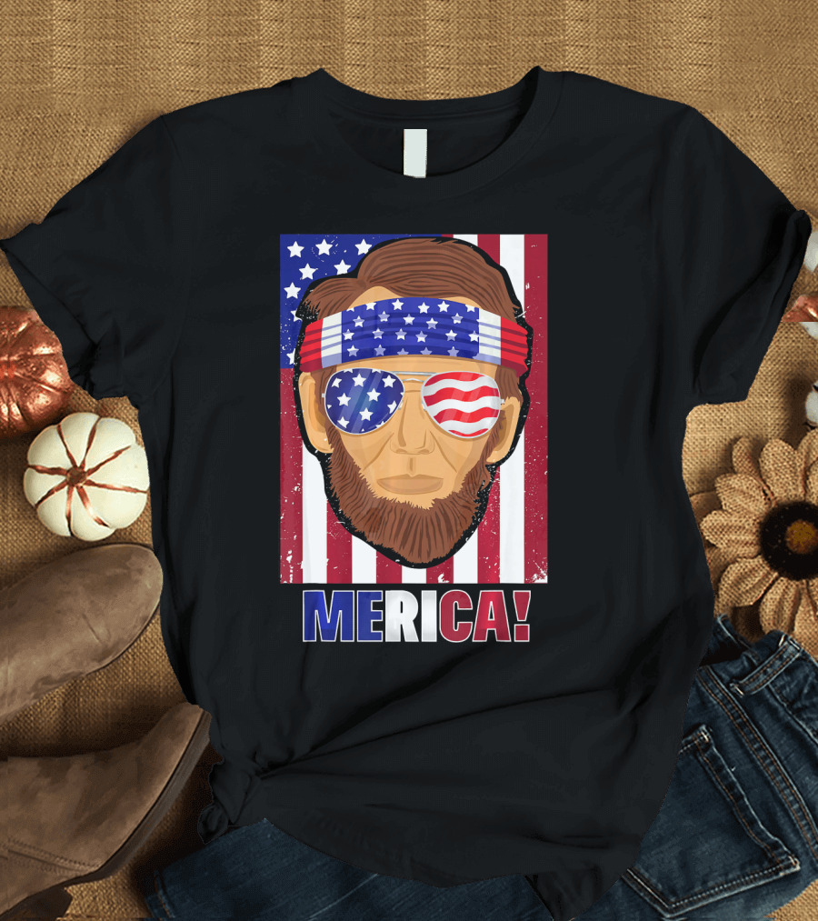 Merica Lincoln USA 4th of July American Flag Bandana Sunglasses T-Shirt