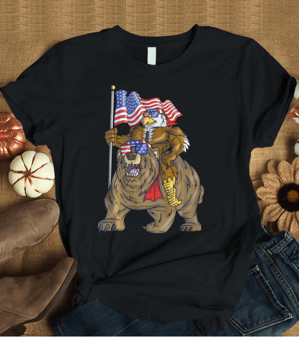 T-Shirt: American Flag-Waving Bald Eagle Riding Bear with Sunglasses T-Shirt American Flag-Waving Bald Eagle Riding Bear with Sunglasses T-Shirt