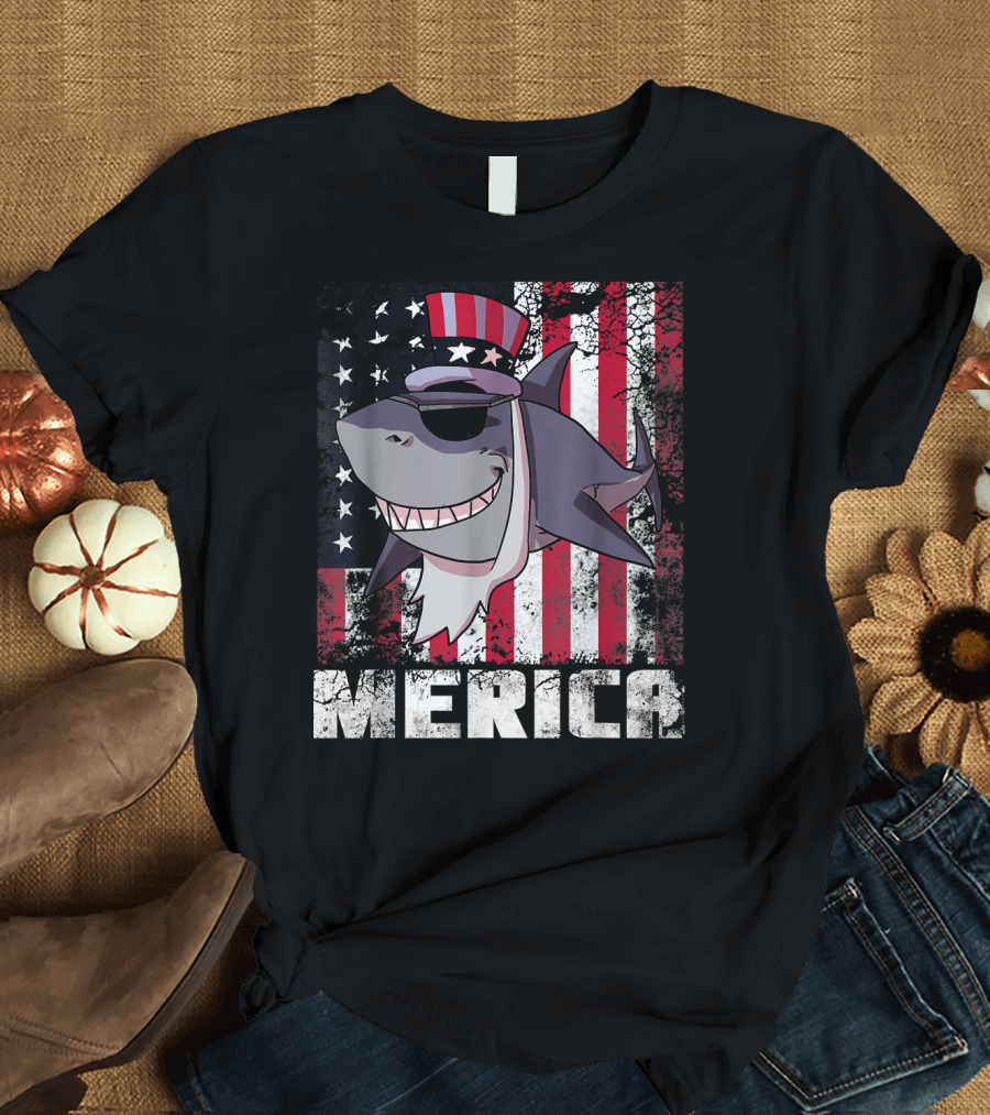 Merica Shark USA American Flag Uncle Sam 4th Of July T-Shirt