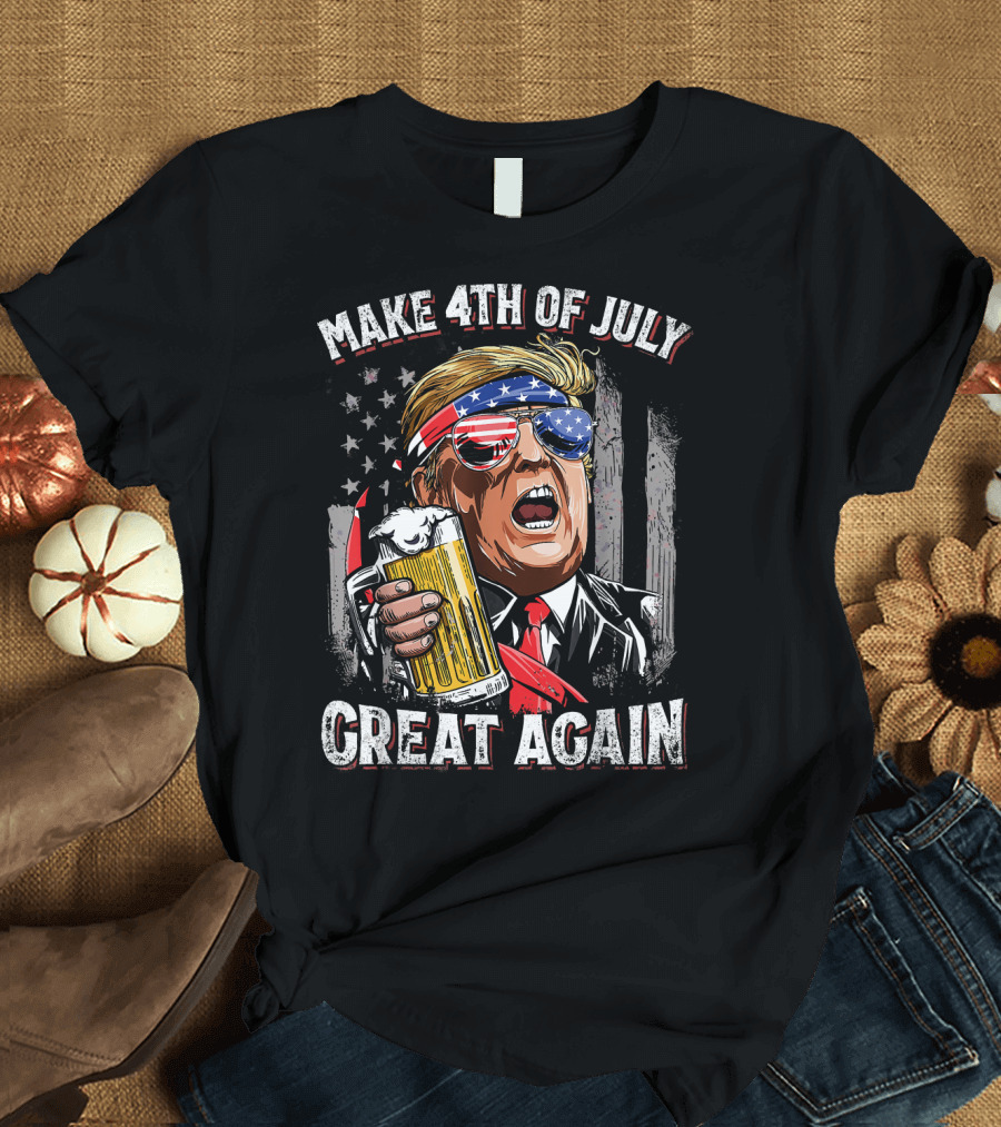Make 4th of July Great Again Trump with Beer and American Flag Glasses T-Shirt