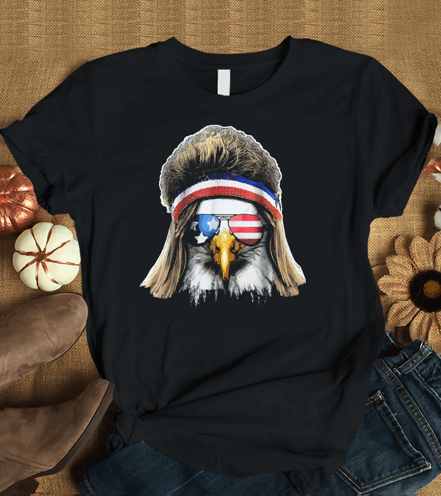 Funny Eagle Mullet 4th of July American Flag Sunglasses T-Shirt