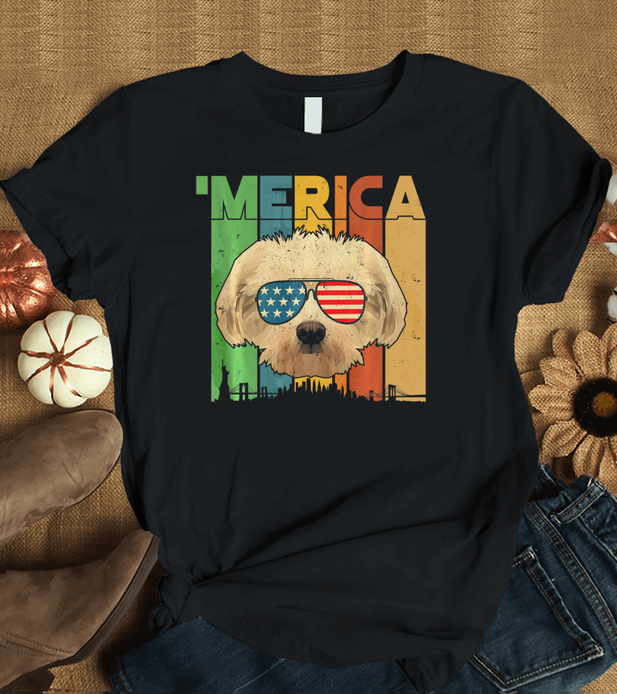 Maltese with American Flag Sunglasses and Merica July 4th Retro Skyline T-Shirt