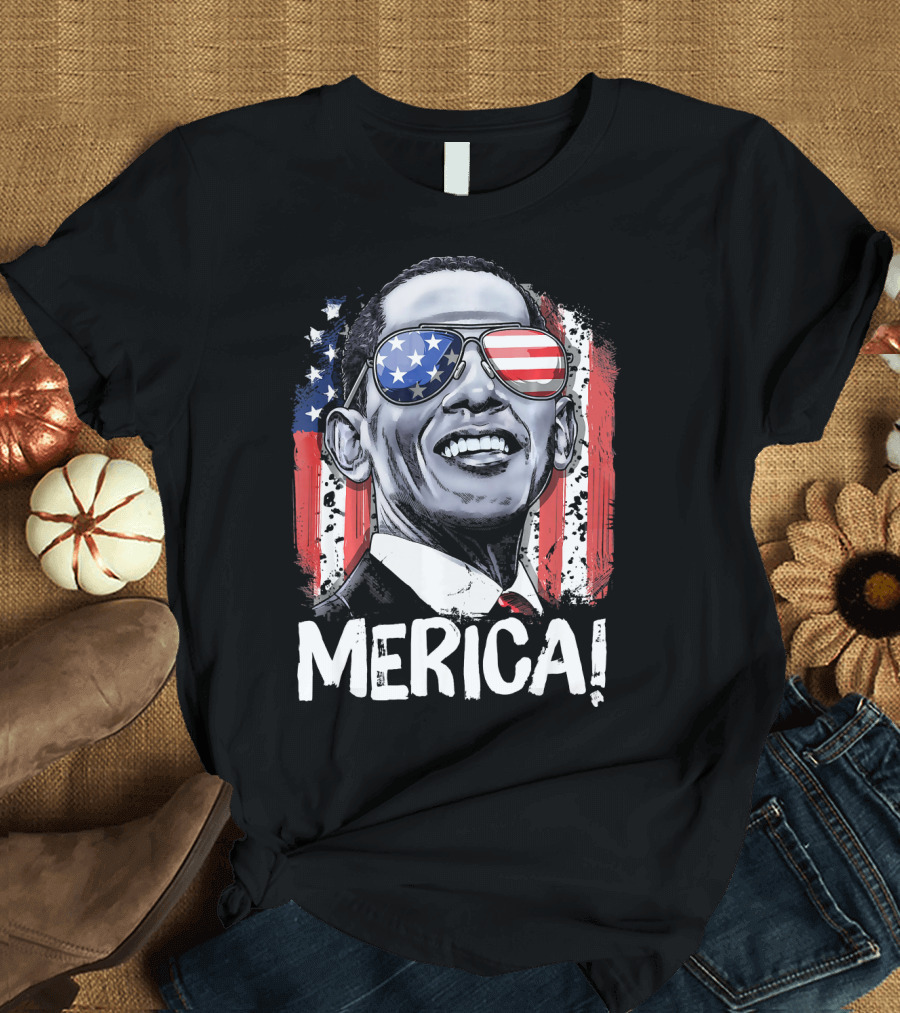 MERICA Barack Obama 44th Pres 4th of July USA Flag Glasses T-Shirt