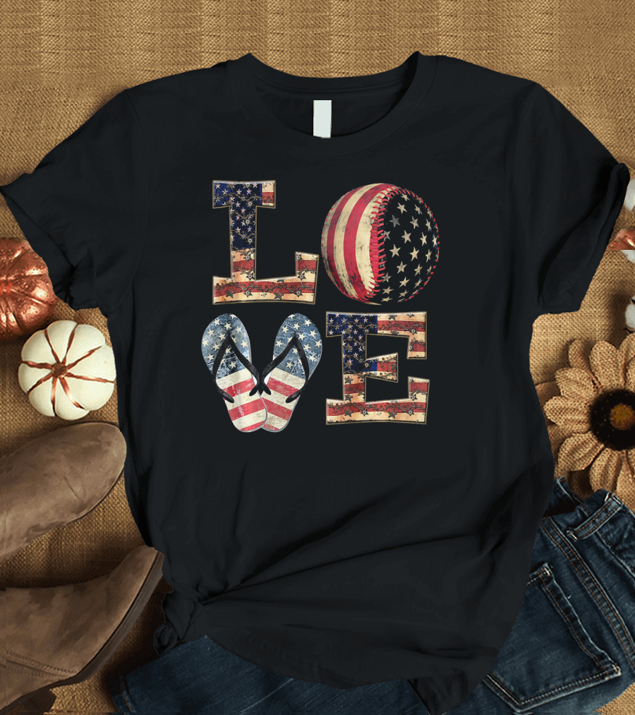 LOVE USA Baseball Softball Flip Flops T-Shirt